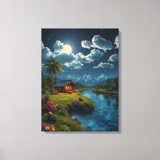 Cabina iluminada por la luna junto al río - Arte d