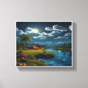Cabina iluminada por la luna junto al río - Arte e