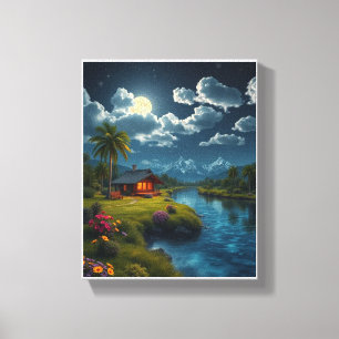 Cabina iluminada por la luna junto al río - Arte e