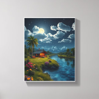 Cabina iluminada por la luna junto al río - Arte e