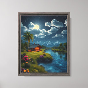 Cabina iluminada por la luna junto al río - Arte e