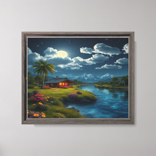 Cabina iluminada por la luna junto al río - Arte e
