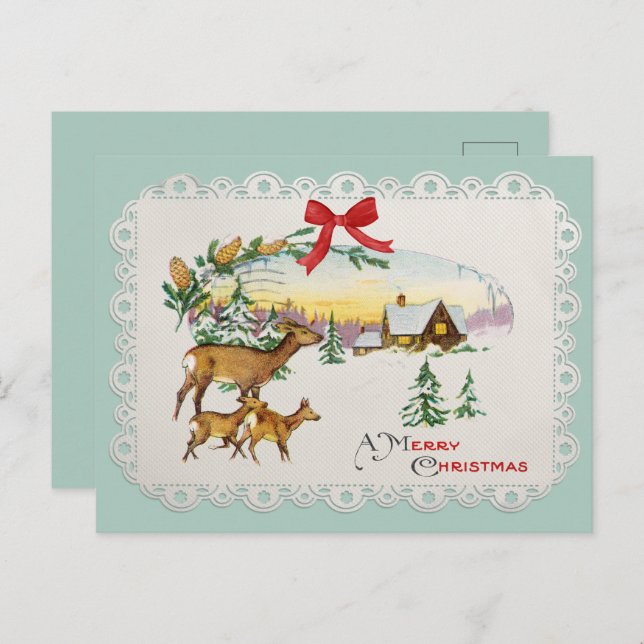 Cabina y ciervo de Navidad vintage (Anverso / Reverso)