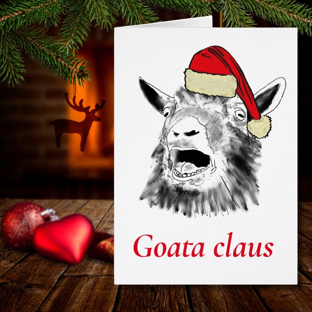 Cabra divertida un Claus gritando navidad (Christmas screaming goat funny Goata Claus farm animal wearing a Santa hat drawing holiday card)