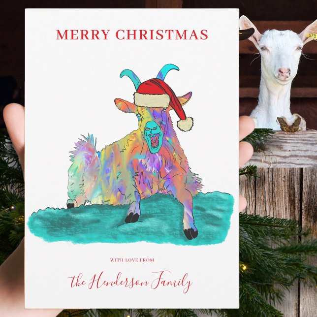 Cabra gritando divertida de Navidad con sombrero d (Funny Christmas screaming goat wearing a Santa hat custom holiday greetings card colour animal art)