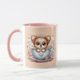 Cachorro Adorable en Taza de Café con Corazones