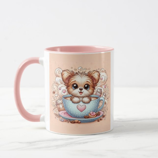 Cachorro Adorable en Taza de Café con Corazones (Izquierda)