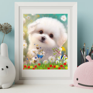 Cachorro blanco adorable de raza maltes en arte de