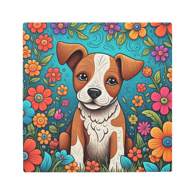 Cachorro con flores de arte folclórico caprichosas (Anverso)