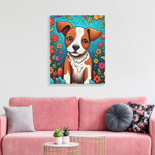 Cachorro con flores de arte folclórico caprichosas (Insitu (Sala de estar))