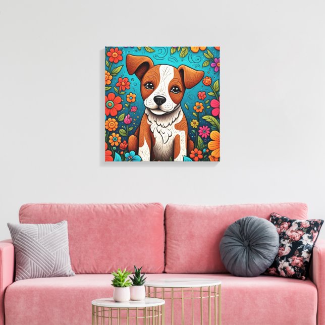 Cachorro con flores de arte folclórico caprichosas (Insitu (Sala de estar))