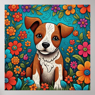 Cachorro con flores de arte folclórico caprichosas