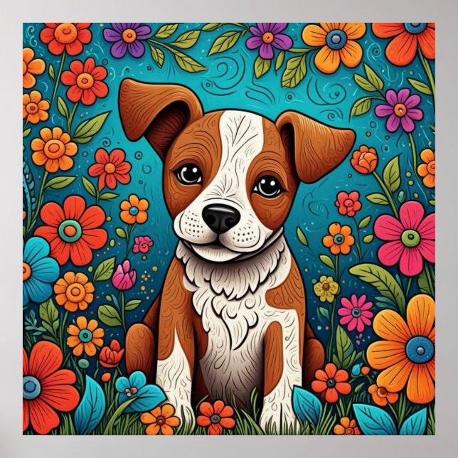 Cachorro con flores de arte folclórico caprichosas (Frente)
