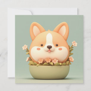 Cachorro Corgi en Florero de Arcilla 3D Lindo Tarj