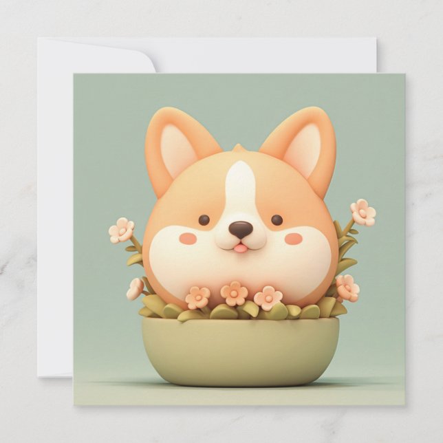 Cachorro Corgi en Florero de Arcilla 3D Lindo Tarj (Anverso)