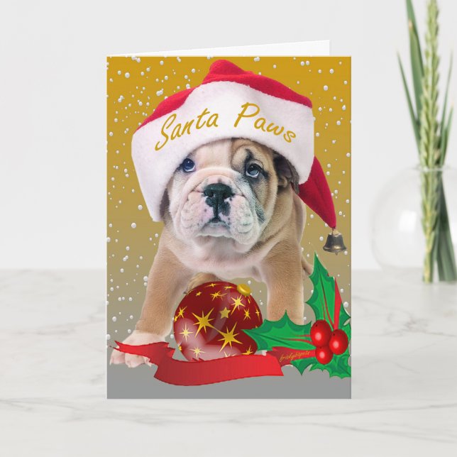 Cachorro de bulldog inglés en tarjetas Santa Hat (Anverso)
