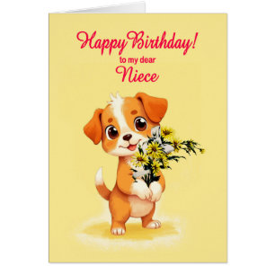 Cachorro de cumpleaños y flores de sobrina