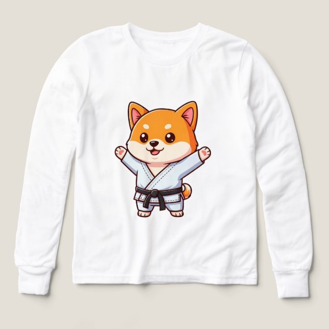 Cachorro de dibujos animados alegres en Karate Gi (Diseño frontal)