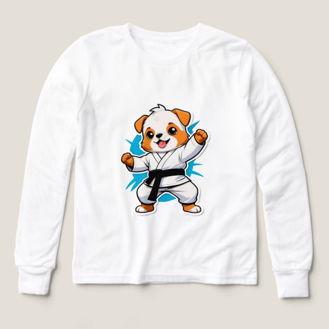 Cachorro de dibujos animados alegres en Karate Gi (Diseño frontal)