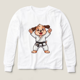 Cachorro de dibujos animados alegres en Karate Gi