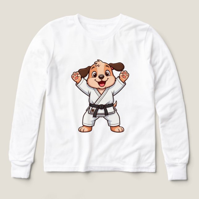 Cachorro de dibujos animados alegres en Karate Gi (Diseño frontal)