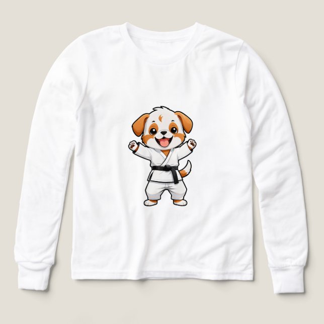 Cachorro de dibujos animados alegres en Karate Gi (Diseño frontal)