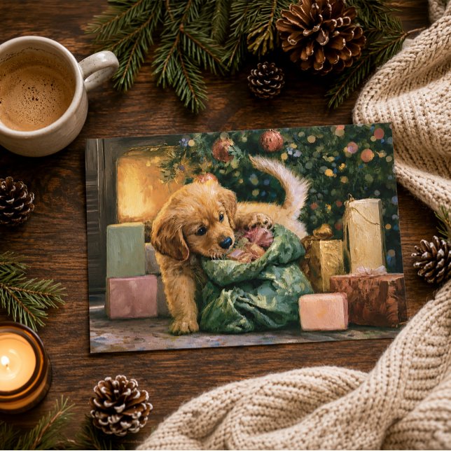 Cachorro de Golden Retriever Árbol de Navidad  (Golden retriever puppy Christmas greeting card)