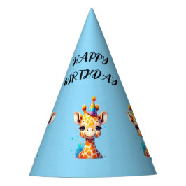 Cachorro de jirafa con sombrero de fiesta cumpleañ