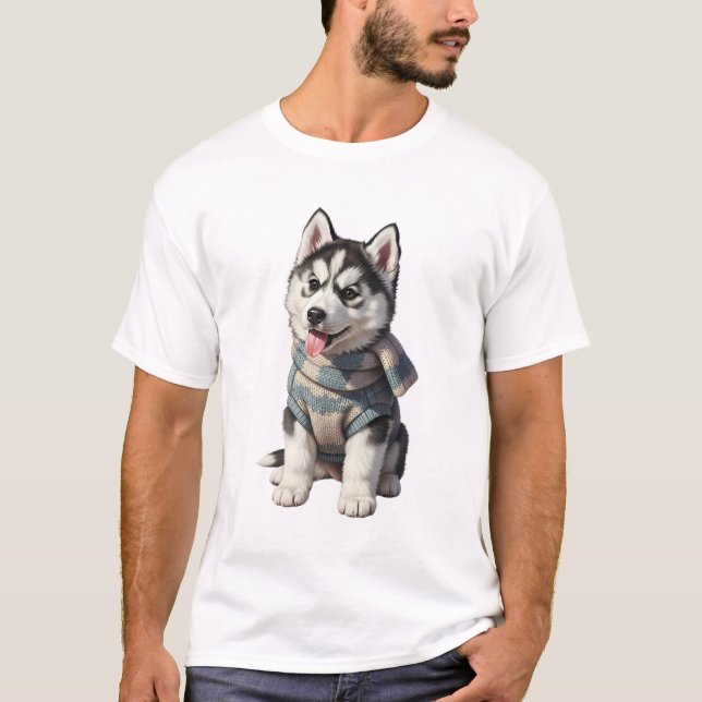 Cachorro Husky Adorable con Jersey de Invierno (Anverso)