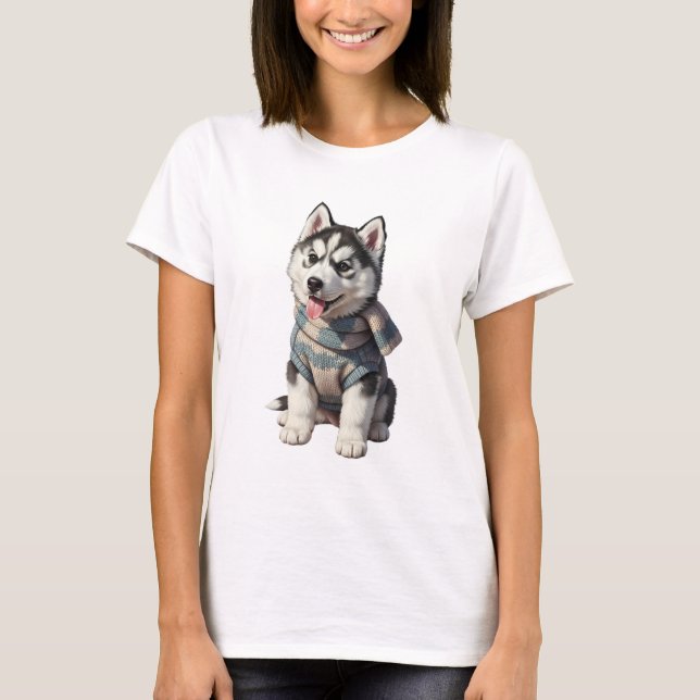 Cachorro Husky Adorable con Jersey de Invierno (Anverso)