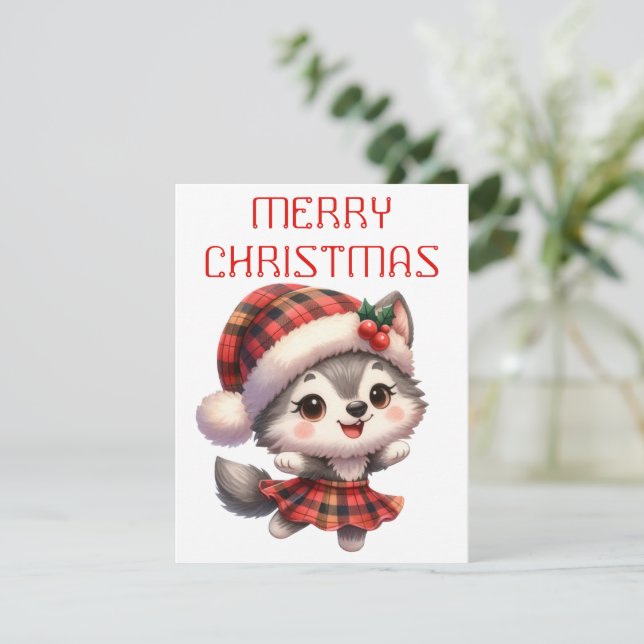 Cachorro Husky Bailarín - Tarjeta de Navidad (Anverso de pie)