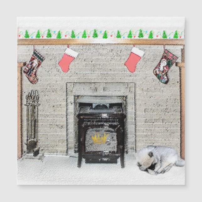 Cachorro Keeshond de Navidad junto a la chimenea P (Anverso)