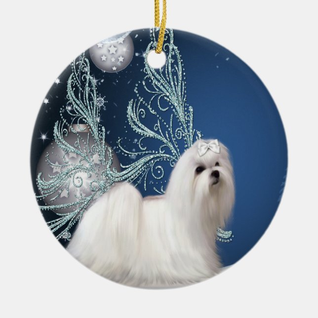 Cachorro maltés azul ornamento de Navidad (Frente)