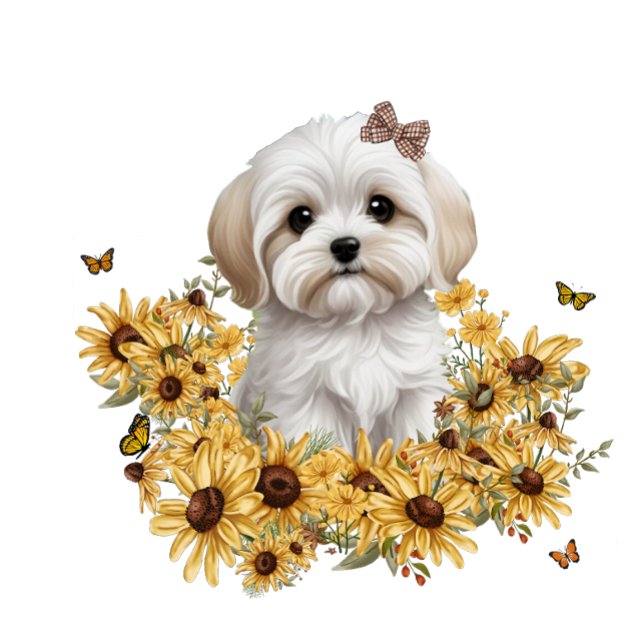 Cachorro maltés con flores de otoño amarillas (Maltesem puppy with yellow flowers)