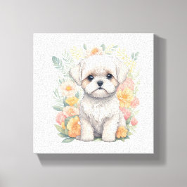 Cachorro maltés con flores de verano y arte en el 