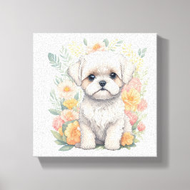 Cachorro maltés con flores de verano y arte en el 