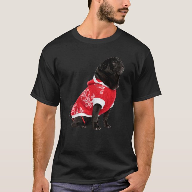 Cachorro Pug Negro Gorro de Santa Jersey Rojo Imag (Anverso)