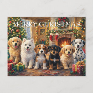 Cachorros de Navidad junto a la chimenea y árbol d
