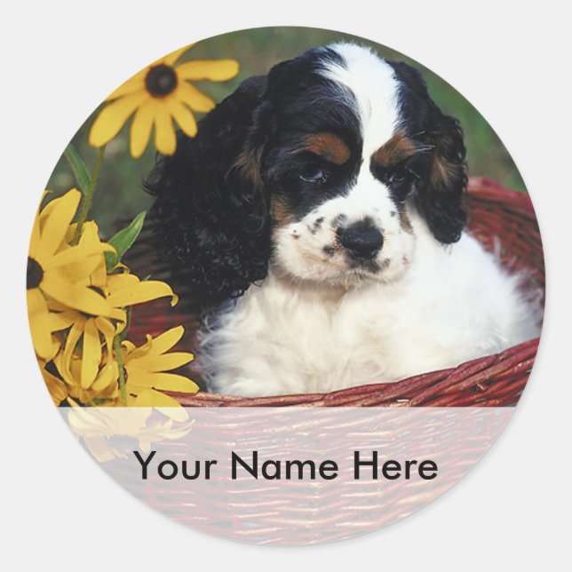 Cachorros y flores en un Pegatina de la placa de c (Anverso)