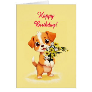 Cachorros y flores felices de cumpleaños