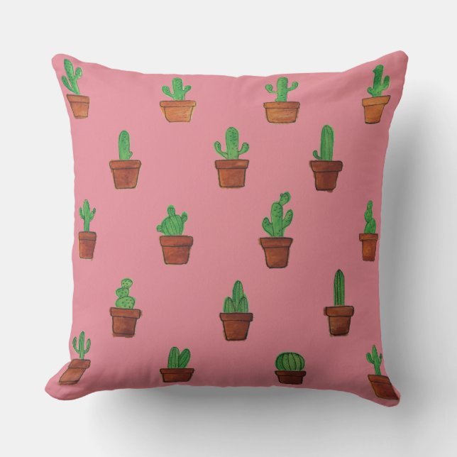 Cactus adorable en la almohada decorativa rosada (Anverso)