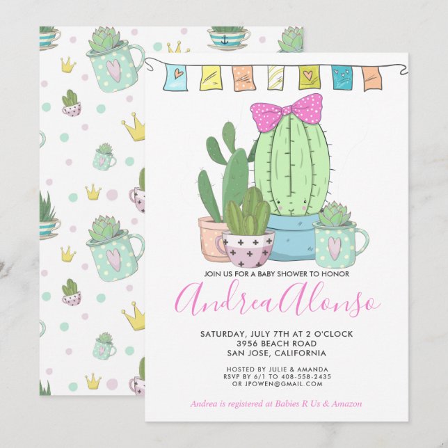 Cactus Bebé Niña | Invitación de Baby Shower (Anverso / Reverso)