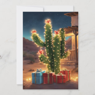 Cactus de Navidad con regalos delante de una casa