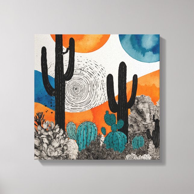 Cactus del desierto del atardecer naranja Arte mur (Anverso)
