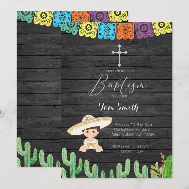 Cactus Fiesta Boy Baptism Invitación a la Navidad (Anverso / Reverso)