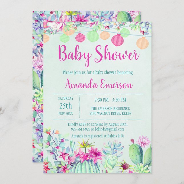 Cactus Lantern Fiesta Baby Shower Invitaciones (Anverso / Reverso)