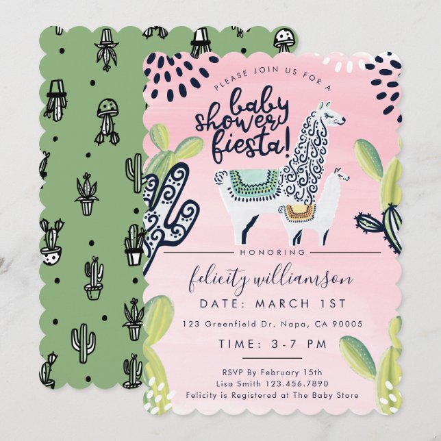Cactus & Llama Baby Girl Shower Fiesta Invitación (Anverso / Reverso)