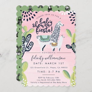 Cactus & Llama Baby Girl Shower Fiesta Invitación