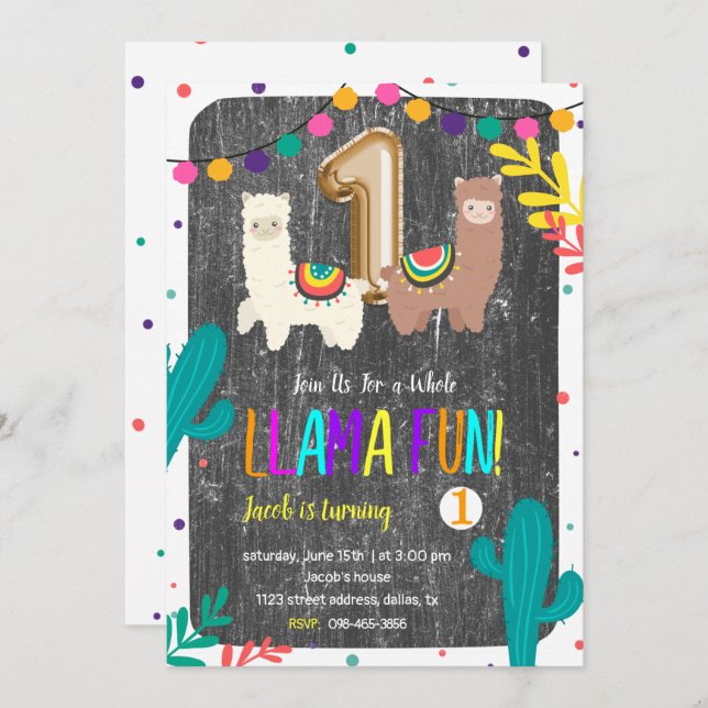 Cactus Llama Fun 1er cumpleaños Invitación (Anverso / Reverso)