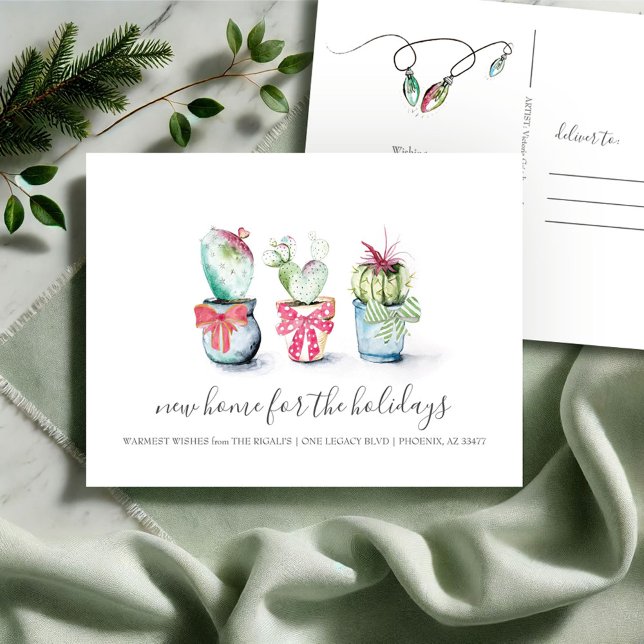 Cactus, Navidades de Invitación en movimiento (Christmas cactus new address moving announcement postcard watercolor art by Victoria Grigaliunas)